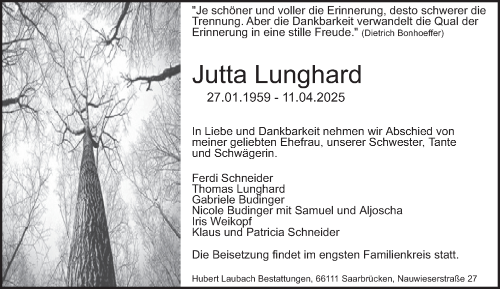  Traueranzeige für Jutta Lunghard vom 03.05.2025 aus saarbruecker_zeitung