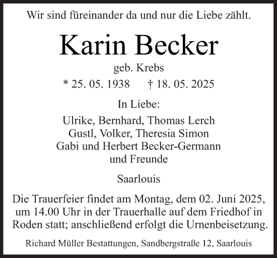 Traueranzeige von Karin Becker von saarbruecker_zeitung