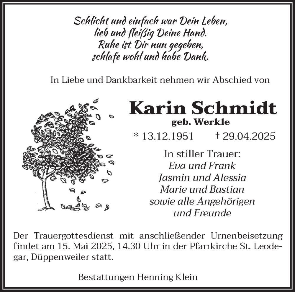  Traueranzeige für Karin Schmidt vom 10.05.2025 aus saarbruecker_zeitung