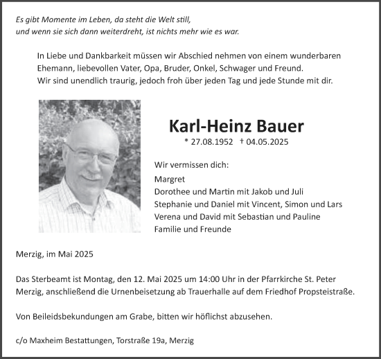 Traueranzeige von Karl-Heinz Bauer von saarbruecker_zeitung