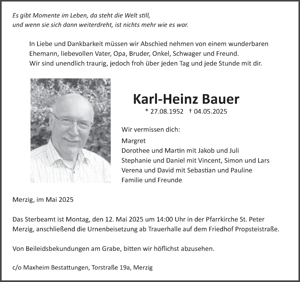  Traueranzeige für Karl-Heinz Bauer vom 10.05.2025 aus saarbruecker_zeitung