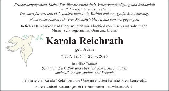 Traueranzeige von Karola Reichrath von saarbruecker_zeitung