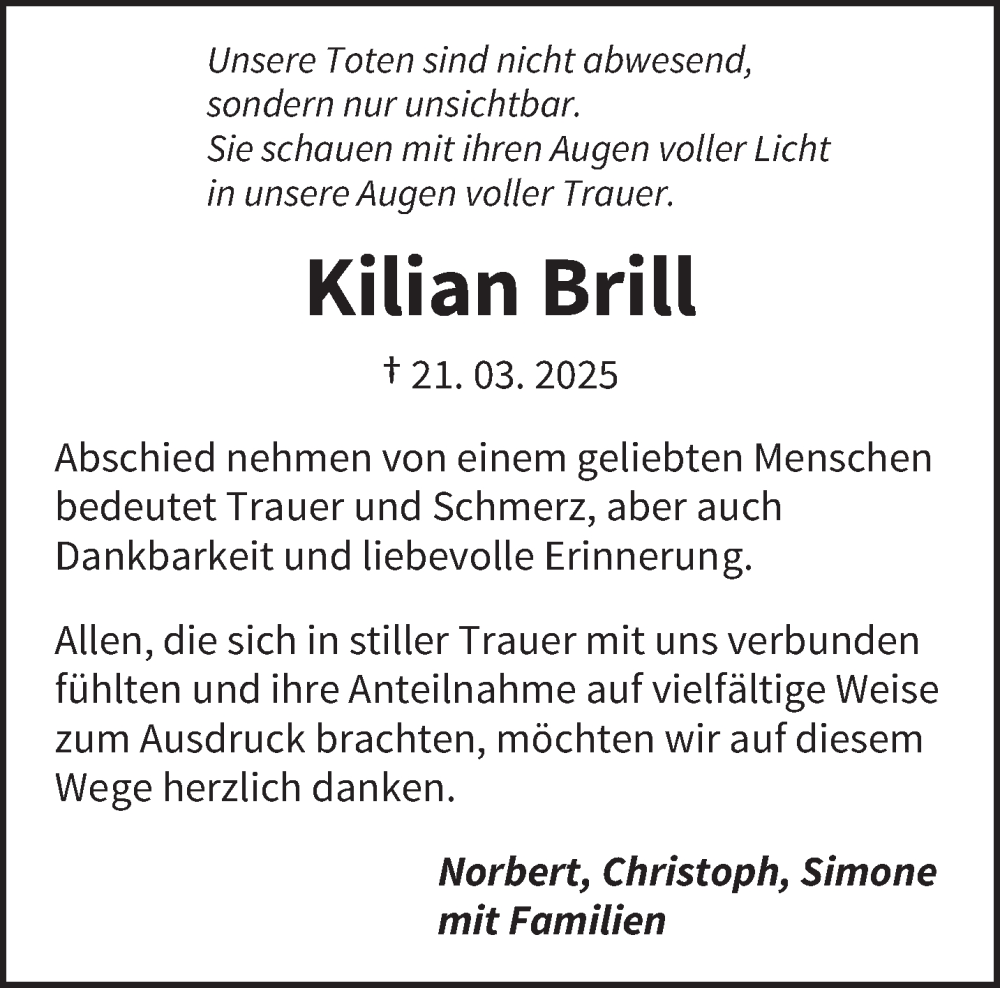  Traueranzeige für Kilian Brill vom 10.05.2025 aus saarbruecker_zeitung