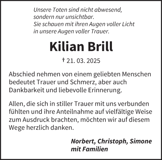 Traueranzeige von Kilian Brill von saarbruecker_zeitung