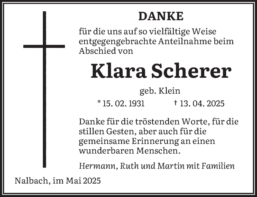  Traueranzeige für Klara Scherer vom 24.05.2025 aus saarbruecker_zeitung