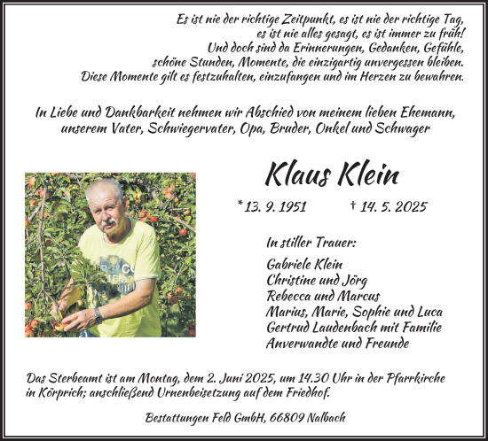 Traueranzeige von Klaus Klein von saarbruecker_zeitung
