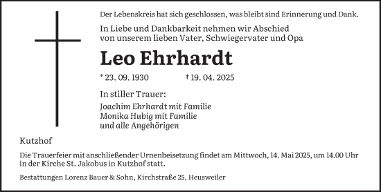 Traueranzeige von Leo Ehrhardt von saarbruecker_zeitung