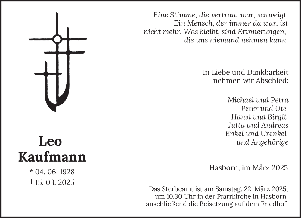  Traueranzeige für Leo Kaufmann vom 19.03.2025 aus saarbruecker_zeitung