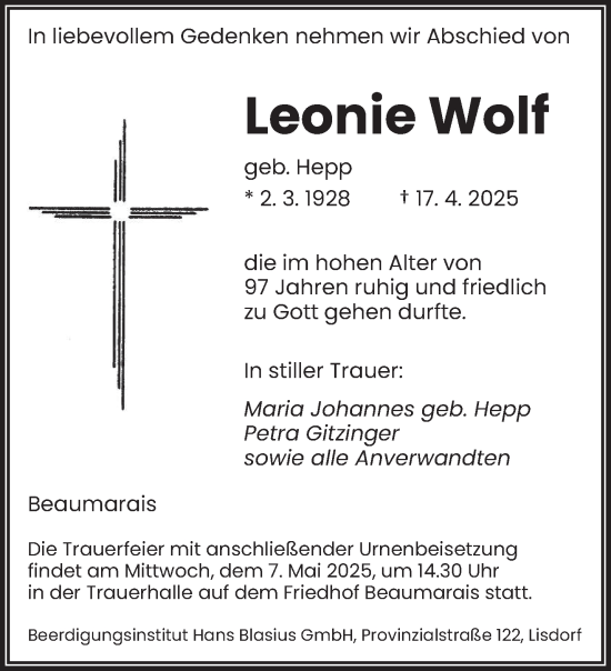 Traueranzeige von Leonie Wolf von saarbruecker_zeitung