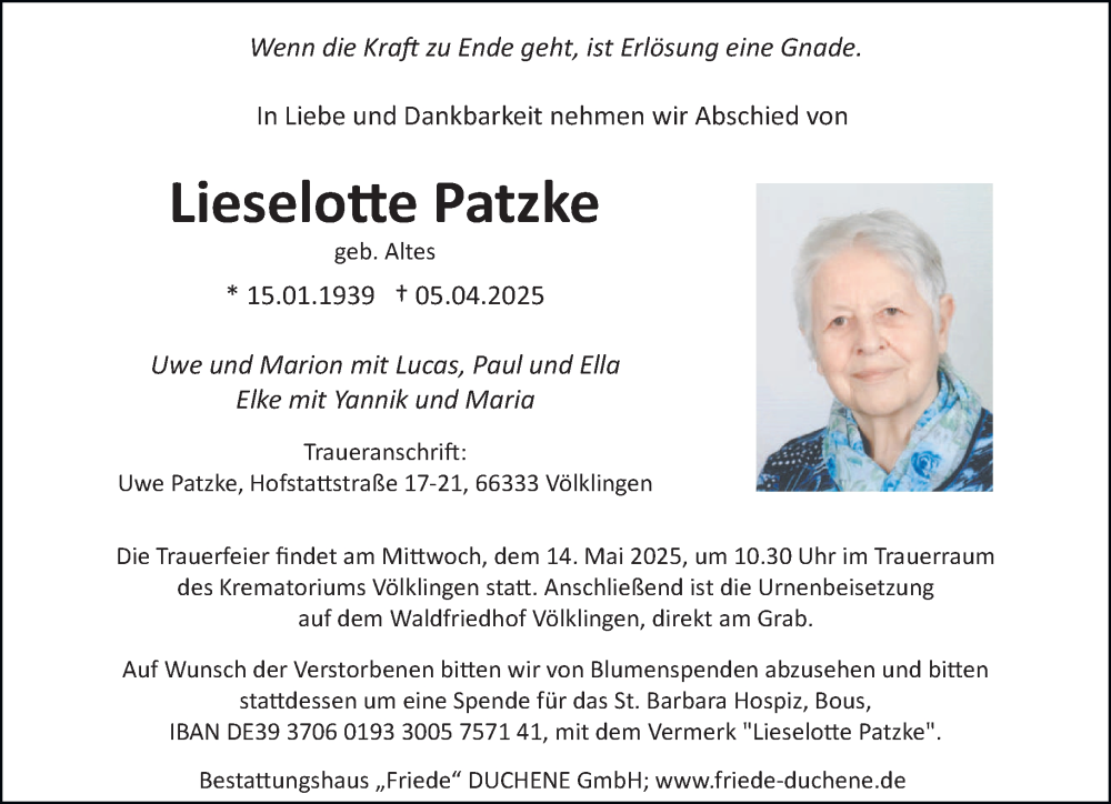  Traueranzeige für Lieselotte Patzke vom 03.05.2025 aus saarbruecker_zeitung
