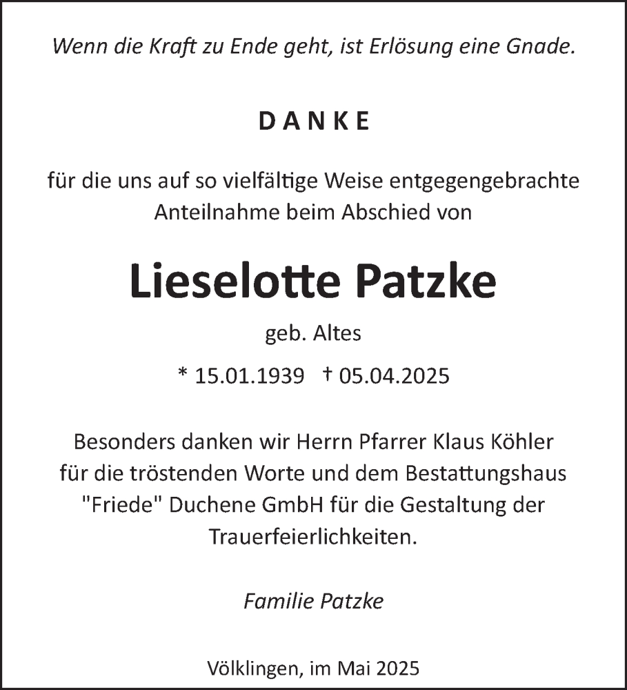 Traueranzeige für Lieselotte Patzke vom 24.05.2025 aus saarbruecker_zeitung