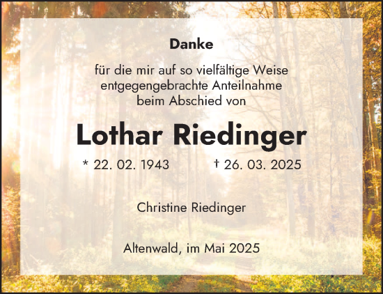 Traueranzeige von Lothar Riedinger von saarbruecker_zeitung