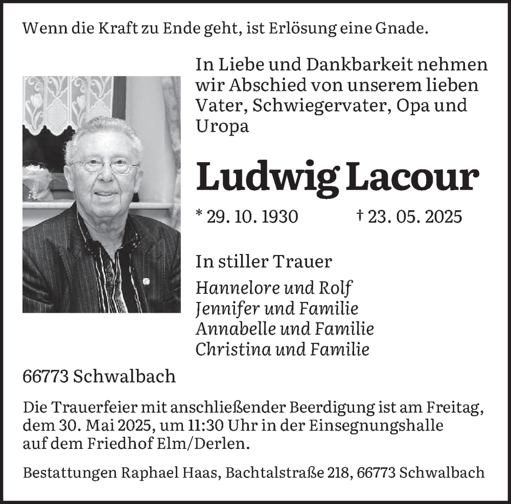  Traueranzeige für Ludwig Lacour vom 28.05.2025 aus saarbruecker_zeitung