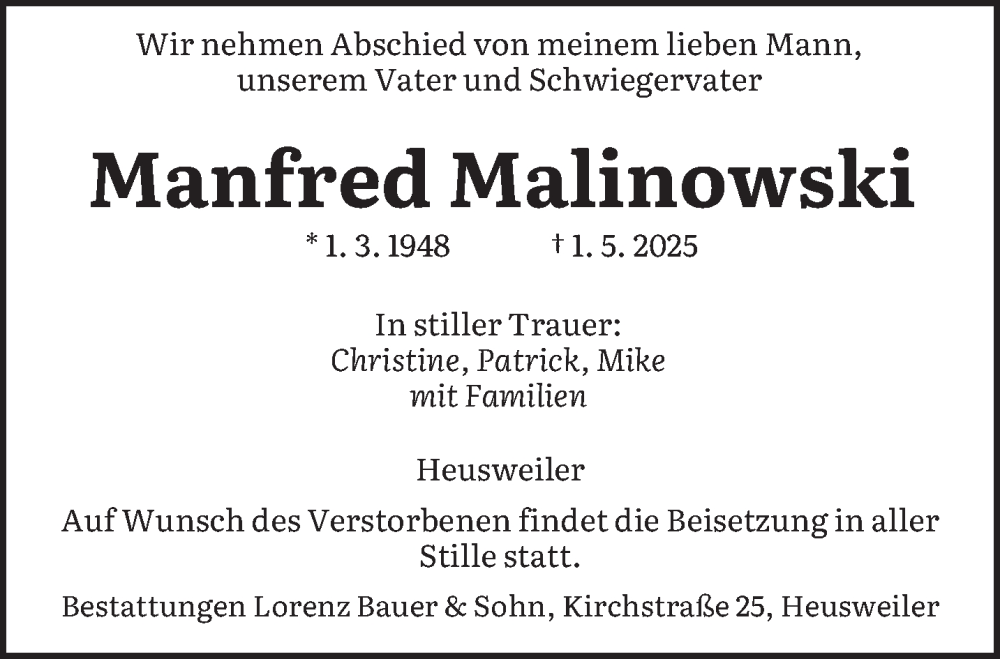  Traueranzeige für Manfred Malinowski vom 17.05.2025 aus saarbruecker_zeitung