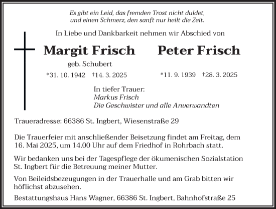 Traueranzeige von Margit und Peter Frisch von saarbruecker_zeitung