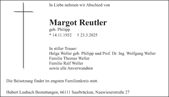 Traueranzeige von Margot Reutler von saarbruecker_zeitung
