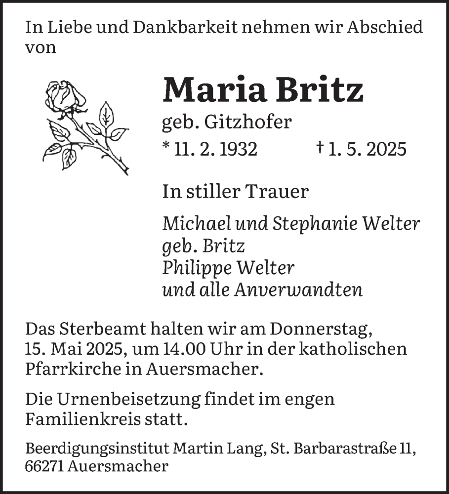  Traueranzeige für Maria Britz vom 10.05.2025 aus saarbruecker_zeitung