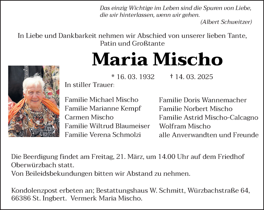  Traueranzeige für Maria Mischo vom 19.03.2025 aus saarbruecker_zeitung