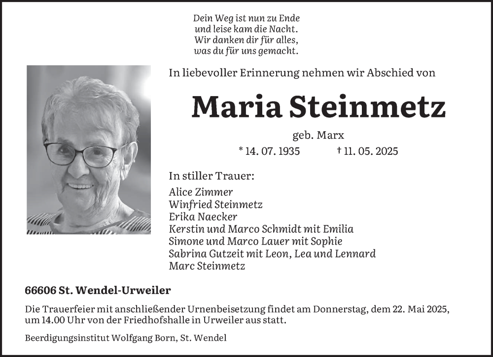  Traueranzeige für Maria Steinmetz vom 17.05.2025 aus saarbruecker_zeitung
