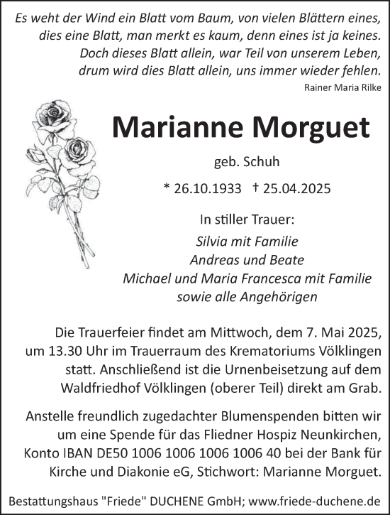Traueranzeige von Marianne Morguet von saarbruecker_zeitung
