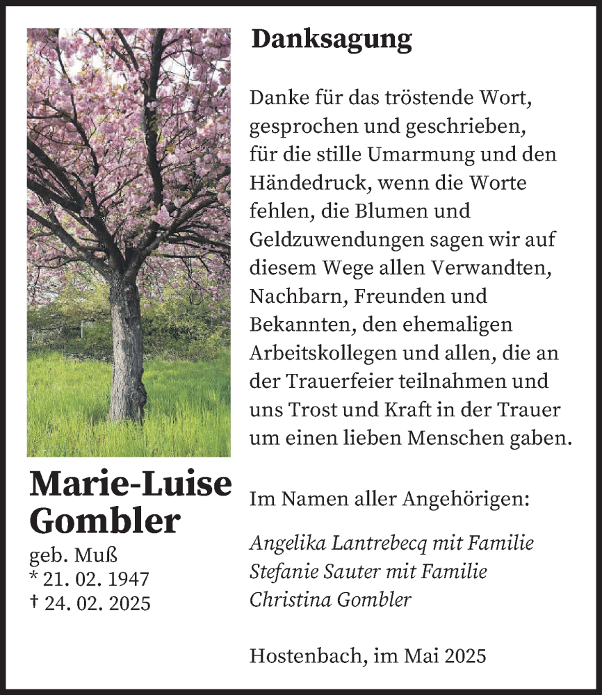  Traueranzeige für Marie-Luise Gombler vom 10.05.2025 aus saarbruecker_zeitung