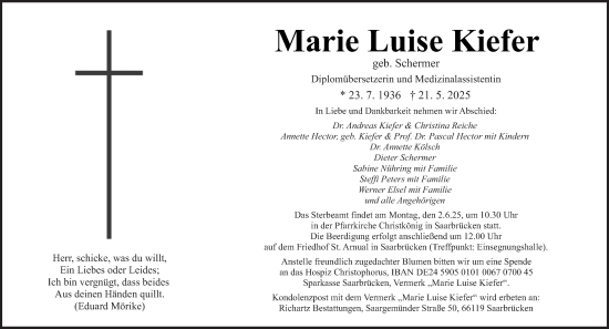 Traueranzeige von Marie Luise Kiefer von saarbruecker_zeitung