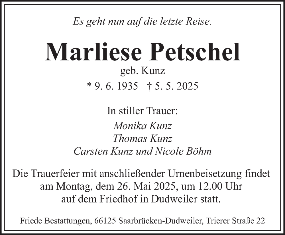  Traueranzeige für Marliese Petschel vom 17.05.2025 aus saarbruecker_zeitung