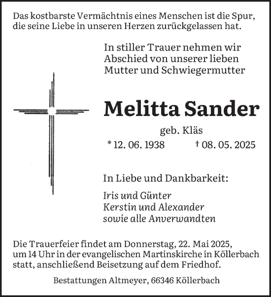 Traueranzeige von Melitta Sander von saarbruecker_zeitung