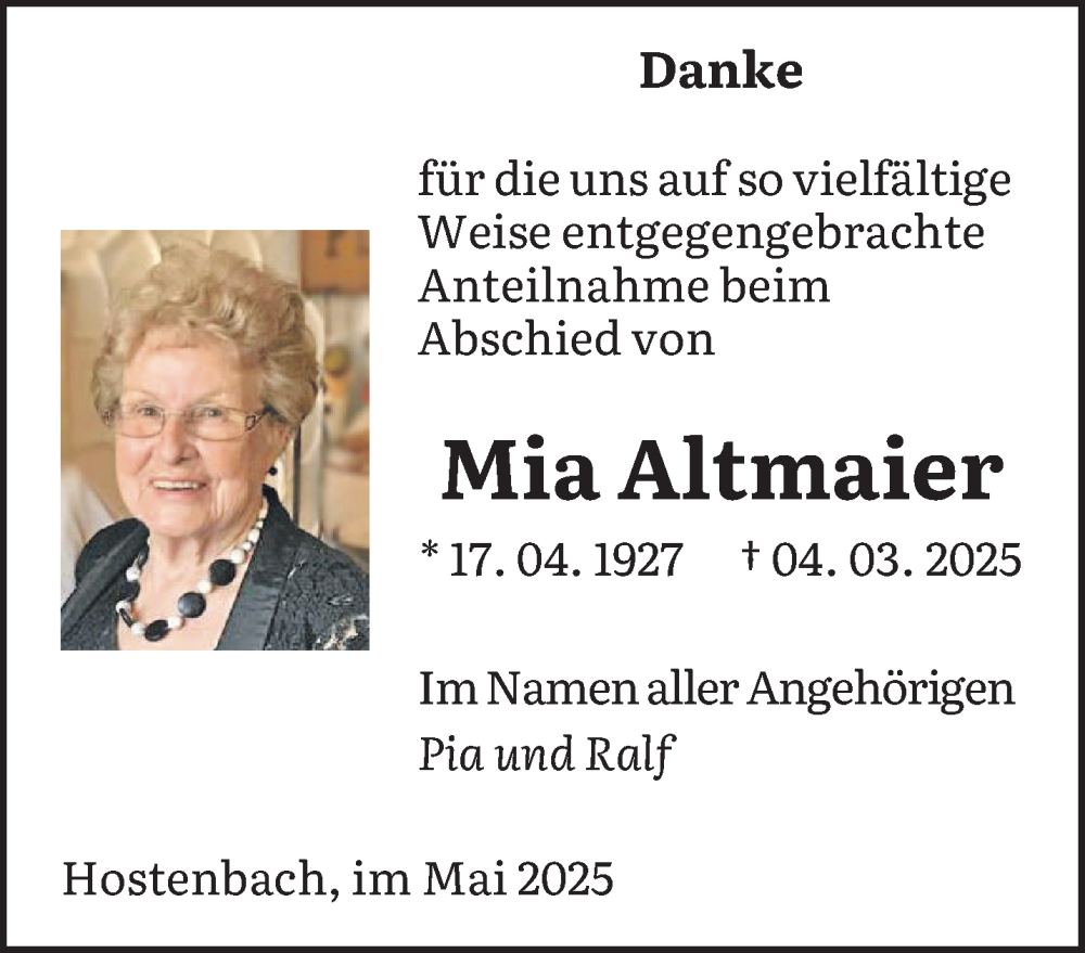  Traueranzeige für Mia Altmaier vom 03.05.2025 aus saarbruecker_zeitung