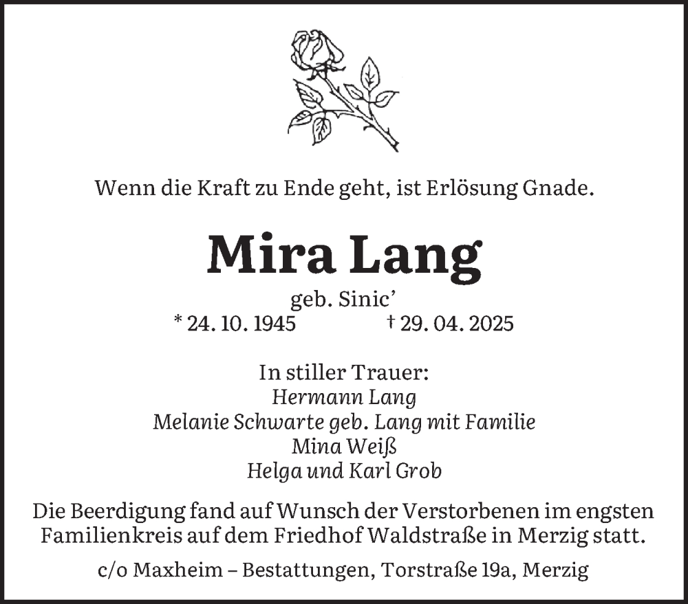  Traueranzeige für Mira Lang vom 07.05.2025 aus saarbruecker_zeitung