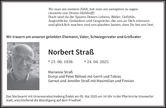 Traueranzeige von Norbert Straß von saarbruecker_zeitung