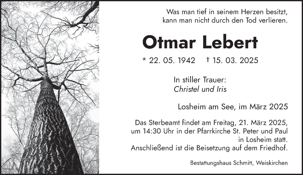  Traueranzeige für Otmar Lebert vom 19.03.2025 aus saarbruecker_zeitung