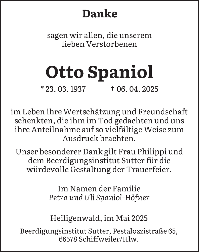  Traueranzeige für Otto Spaniol vom 10.05.2025 aus saarbruecker_zeitung