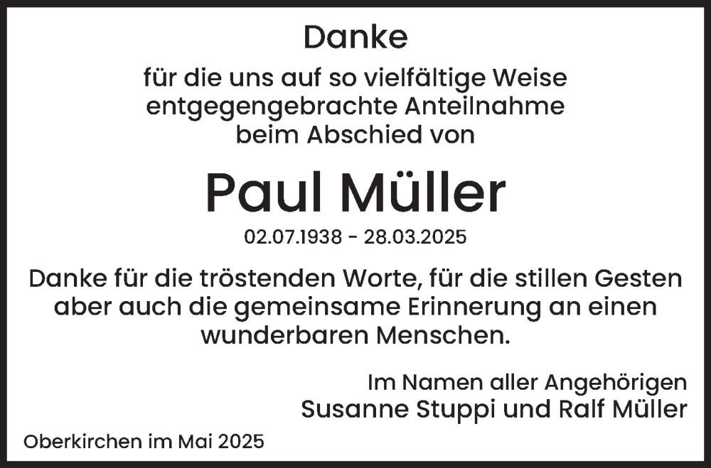  Traueranzeige für Paul Müller vom 19.05.2025 aus saarbruecker_zeitung
