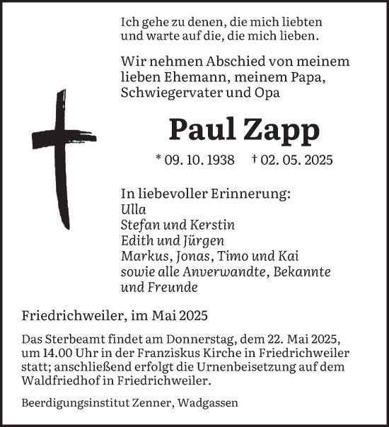 Traueranzeige von Paul Zapp von saarbruecker_zeitung