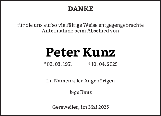 Traueranzeige von Peter Kunz von saarbruecker_zeitung