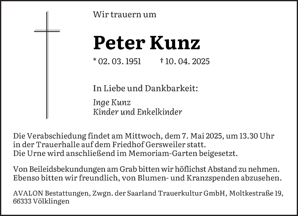  Traueranzeige für Peter Kunz vom 03.05.2025 aus saarbruecker_zeitung