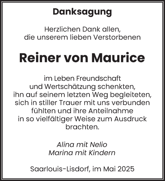 Traueranzeige von Reiner von Maurice von saarbruecker_zeitung