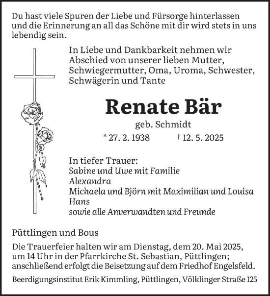 Traueranzeige von Renate Bär von saarbruecker_zeitung