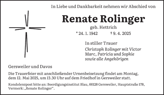 Traueranzeige von Renate Rolinger von saarbruecker_zeitung