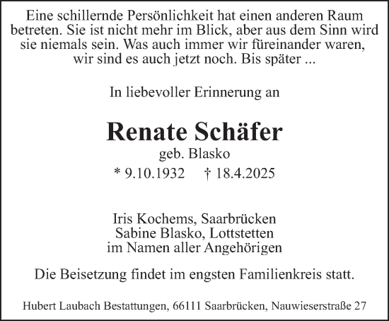 Traueranzeige von Renate Schäfer von saarbruecker_zeitung