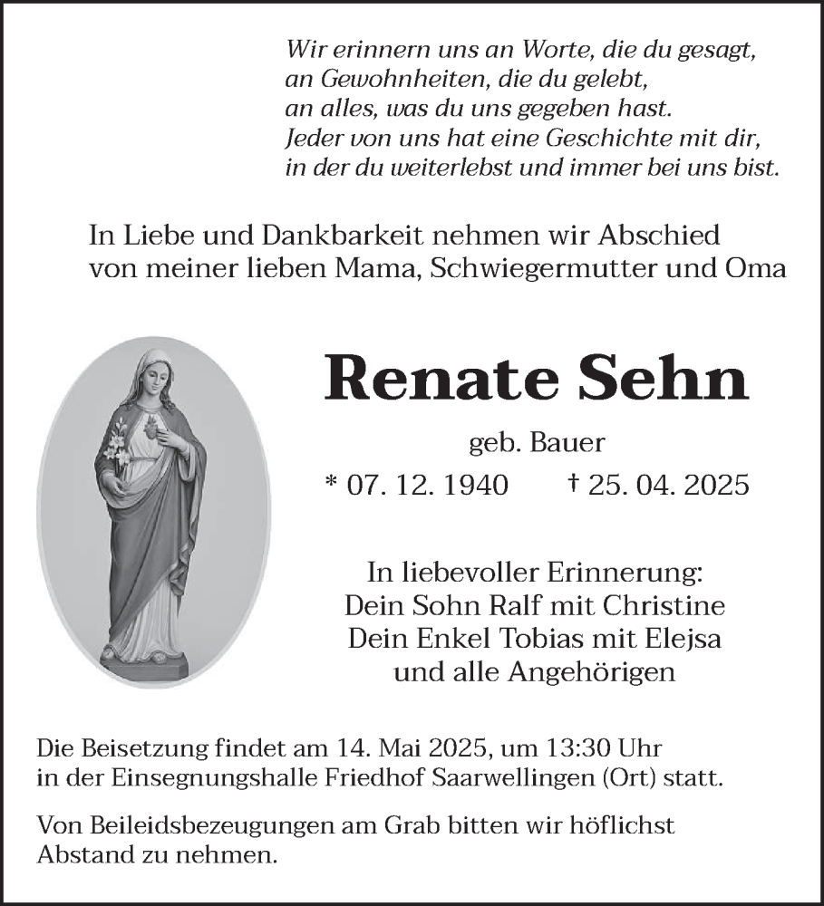  Traueranzeige für Renate Sehn vom 10.05.2025 aus saarbruecker_zeitung