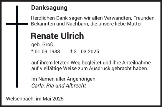 Traueranzeige von Renate Ulrich von saarbruecker_zeitung