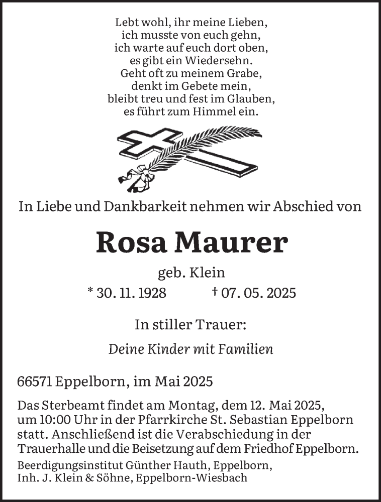  Traueranzeige für Rosa Maurer vom 10.05.2025 aus saarbruecker_zeitung