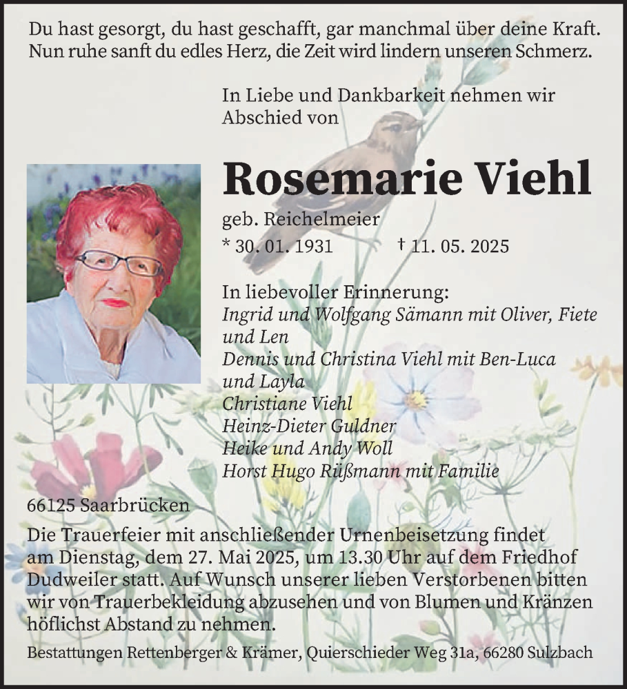  Traueranzeige für Rosemarie Viehl vom 24.05.2025 aus saarbruecker_zeitung