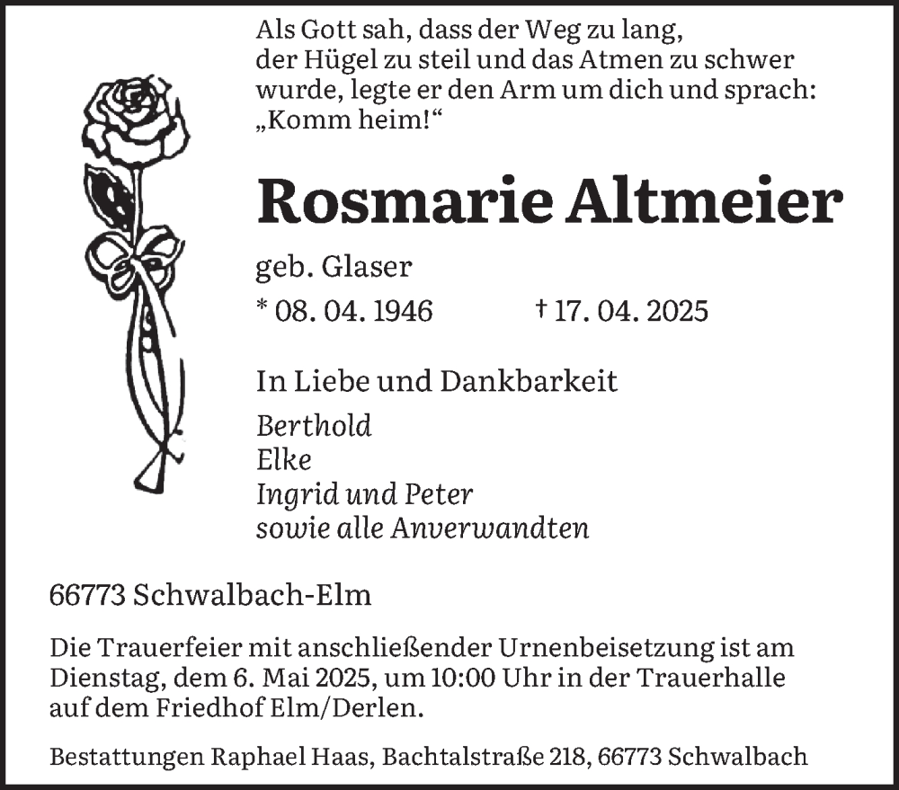  Traueranzeige für Rosmarie Altmeier vom 03.05.2025 aus saarbruecker_zeitung