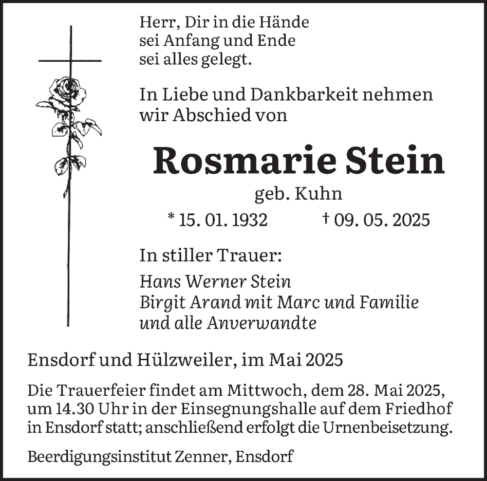  Traueranzeige für Rosmarie Stein vom 17.05.2025 aus saarbruecker_zeitung