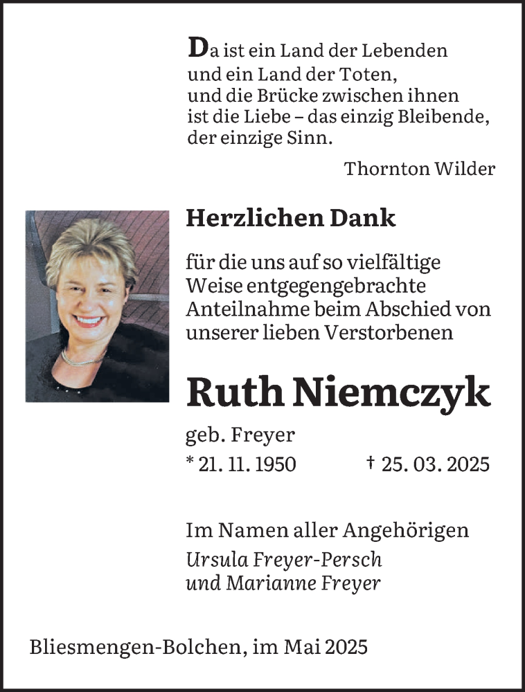  Traueranzeige für Ruth Niemczyk vom 17.05.2025 aus saarbruecker_zeitung