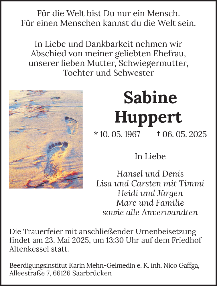  Traueranzeige für Sabine Huppert vom 17.05.2025 aus saarbruecker_zeitung