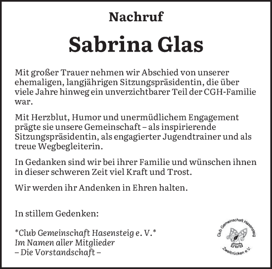 Traueranzeige von Sabrina Glas von saarbruecker_zeitung